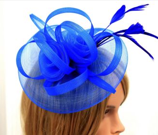 European And American Jockey Club Headdress Billycock Feather Top Hat Mesh Hat Bridal Headdress Flower Ball Party Hair Accessories (Color: Blue)